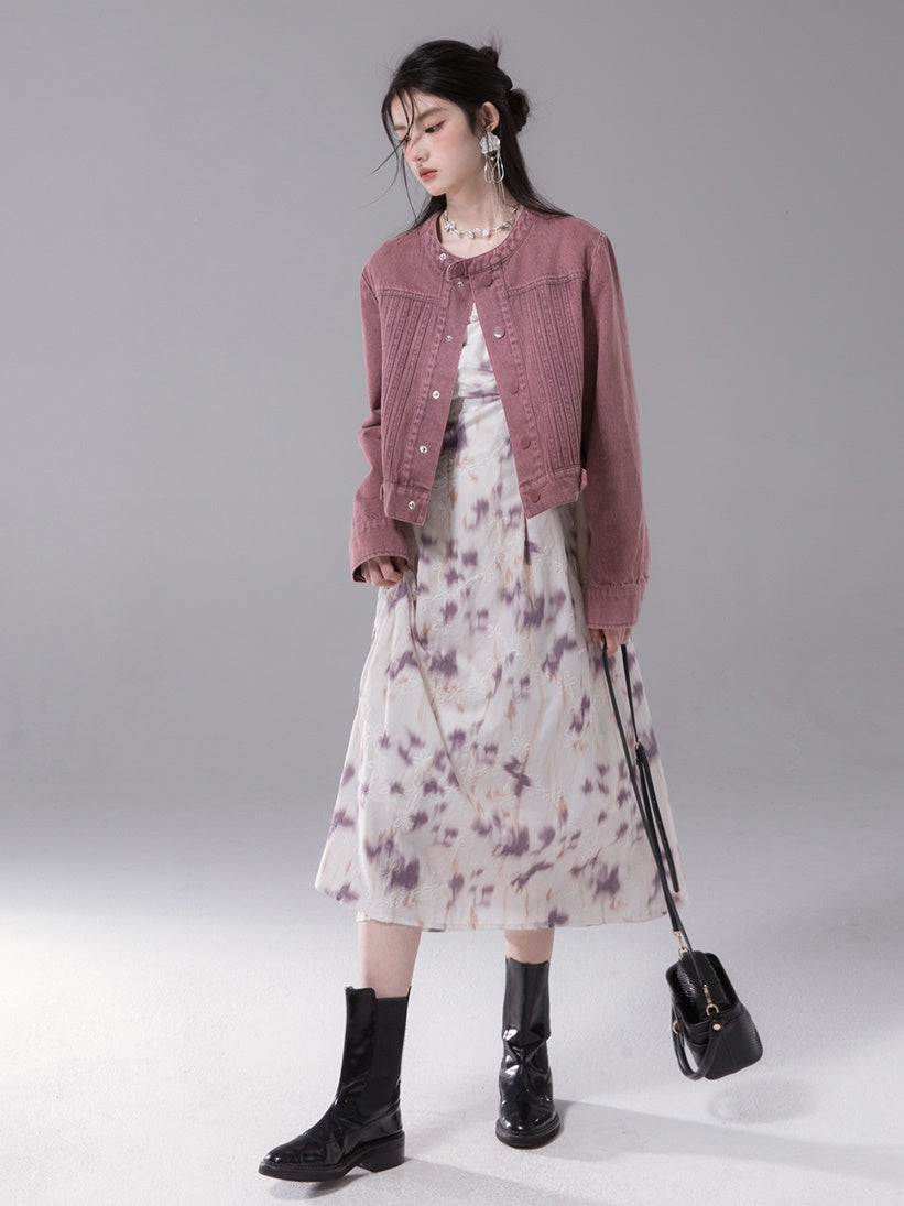 No-Collar Colored Denim Short Jacket