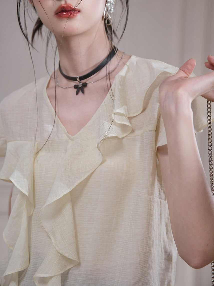 Romantic Curve Ruffle Chiffon Shirt & Tube Top Set-up