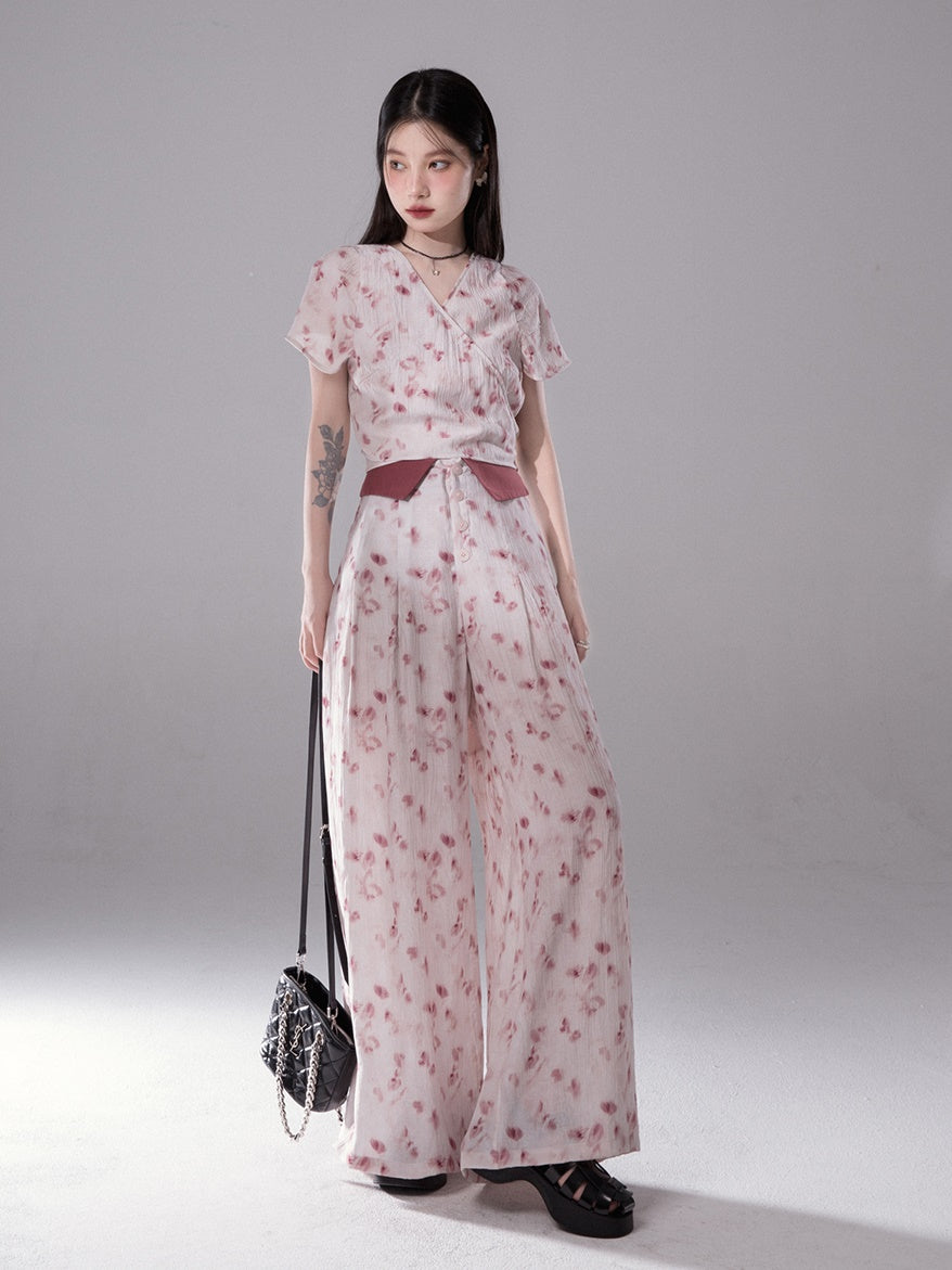 FloralPrint Cross Top & Folded Casual Pants Set-up