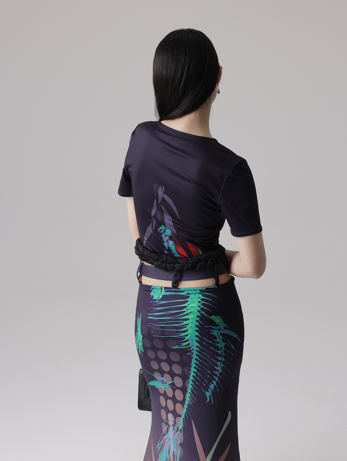 Fishbone Print Stitching Braid Profile Hem Top & Fishtail Skirt
