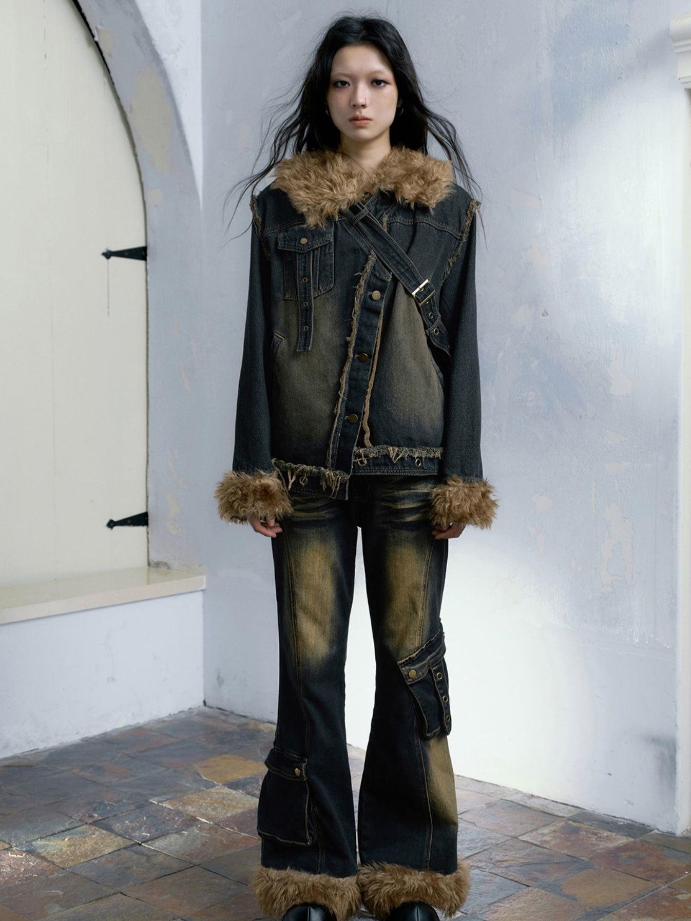 Fur Stitch Washed Distressed Denim Flare Pants