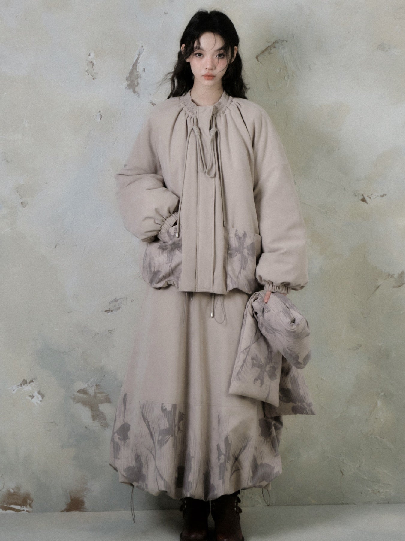 Floating Flower Shadow Printed Quilted A-line Bud Skirt