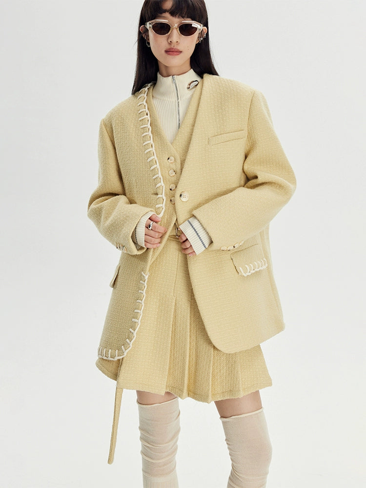 No-Collar Jacket & Vest & High-waisted Pleated Skirt