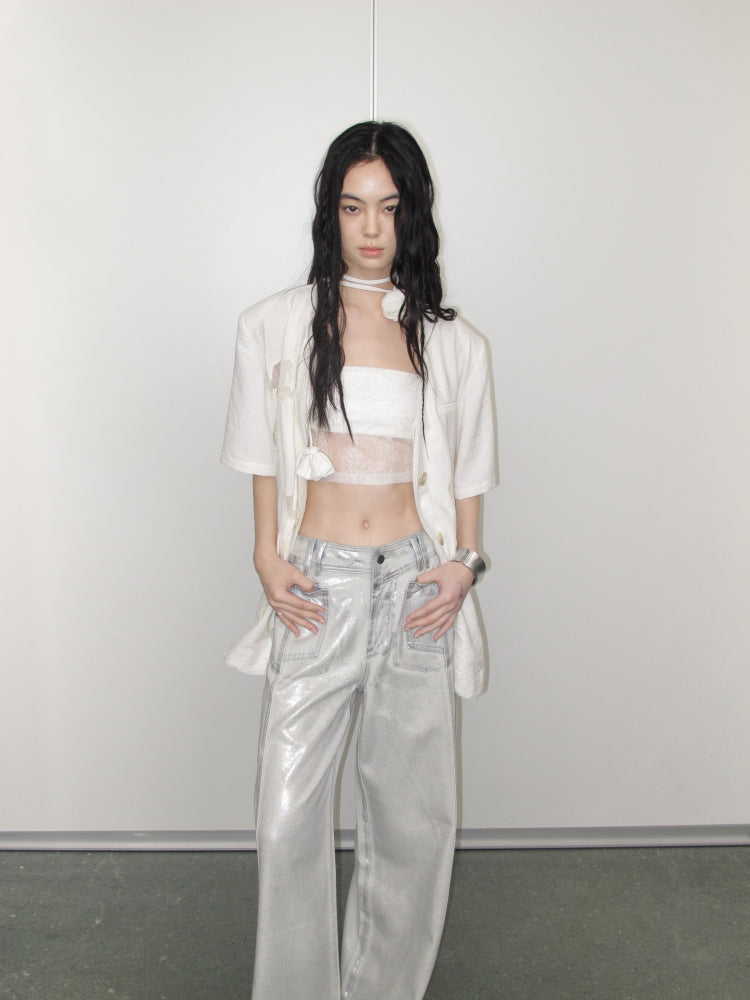 Carved Lace Embroidery Jacket & Camisole & Short Skirt