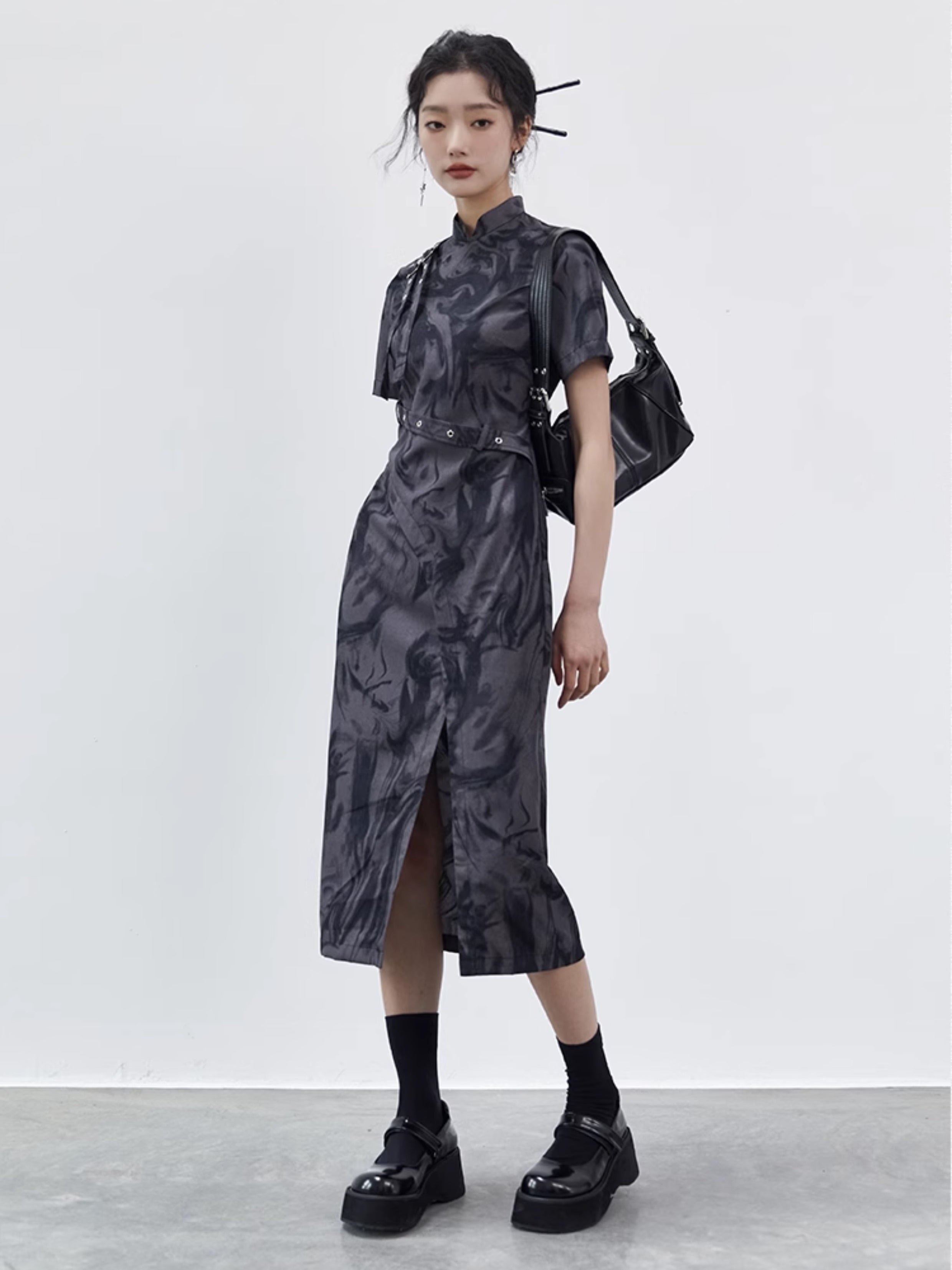 Tie-Dye Strap Design Cheongsam Short Sleeve Dress