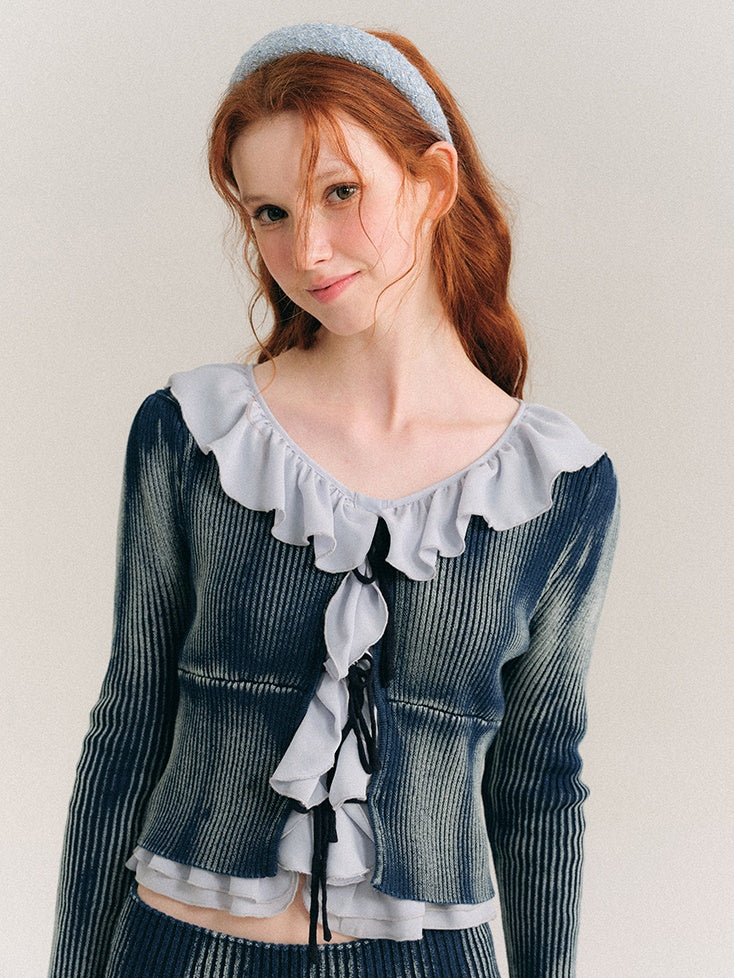 Washed Tie-dye Lace-up Knitted Cardigan & Skirt