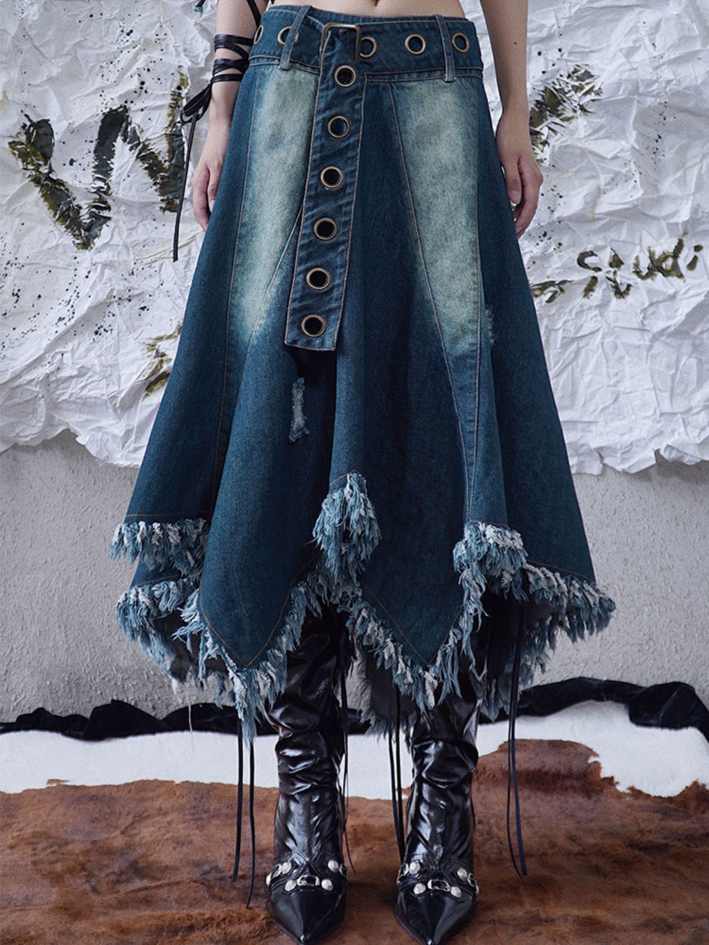 Fringed Irregular Hem Denim Circular Skirt