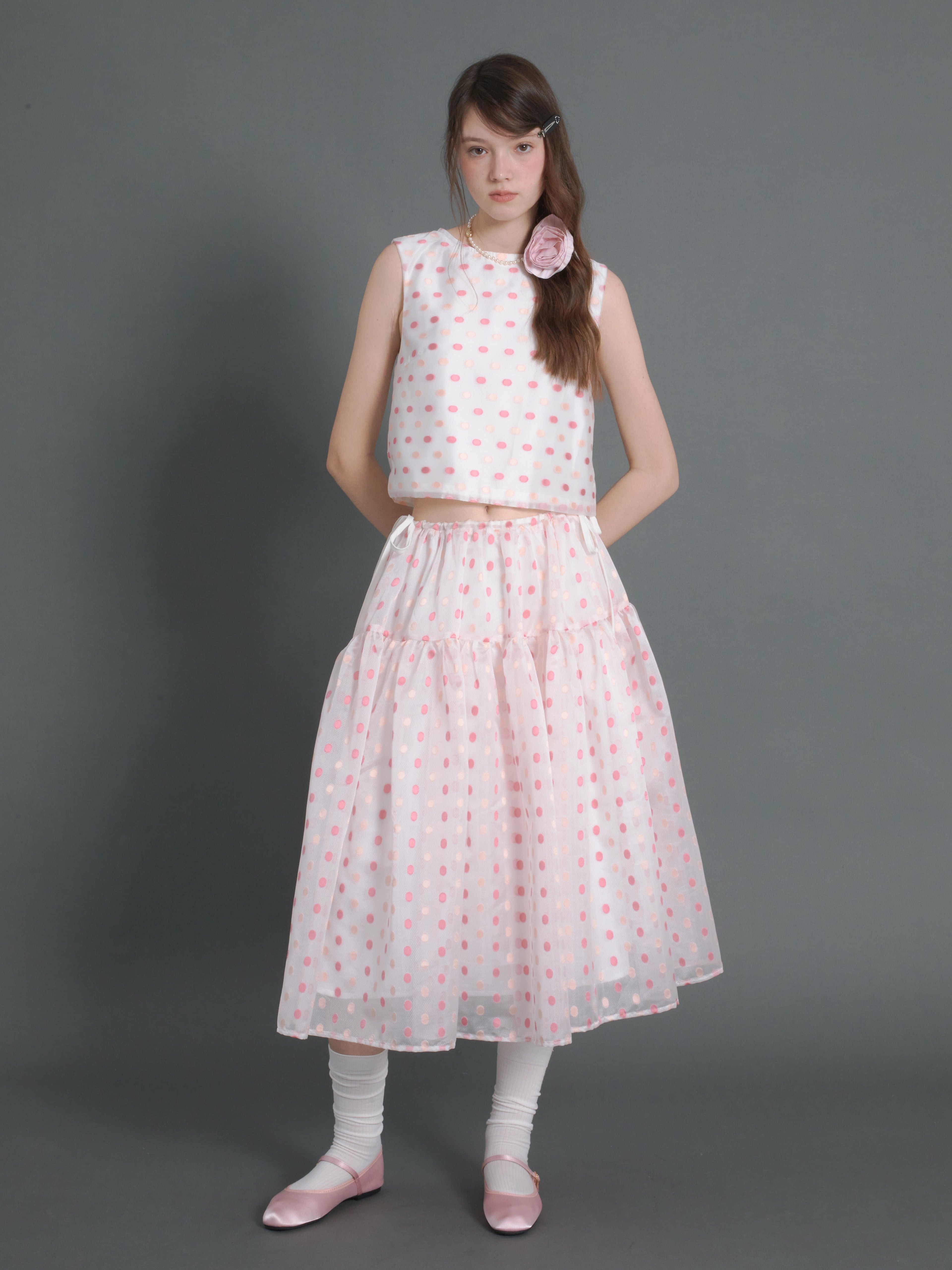 Polka Dot Sleeveless Back Ribbon Top & Gather Fluffy Skirt