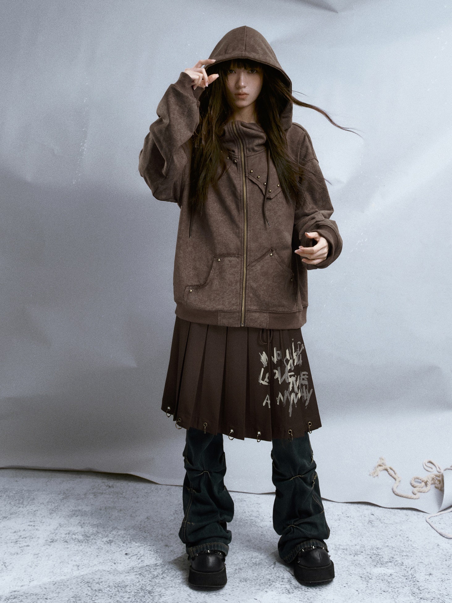 Rivet Distressed ZIP-Up Parka