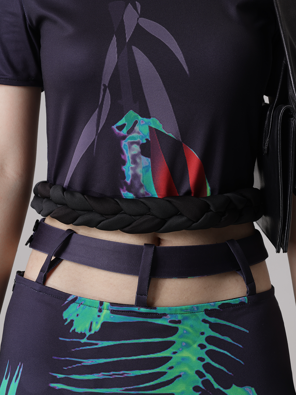 Fishbone Print Stitching Braid Profile Hem Top & Fishtail Skirt