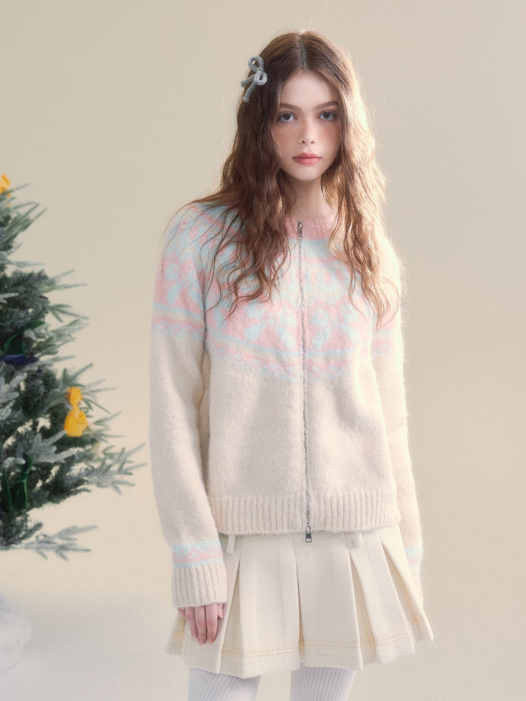 Retro Fair Isle Bow Textur Strickjacke Strickjacke