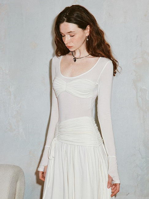 Classic Pleated Stitch Long-sleeved Sheer Dress
