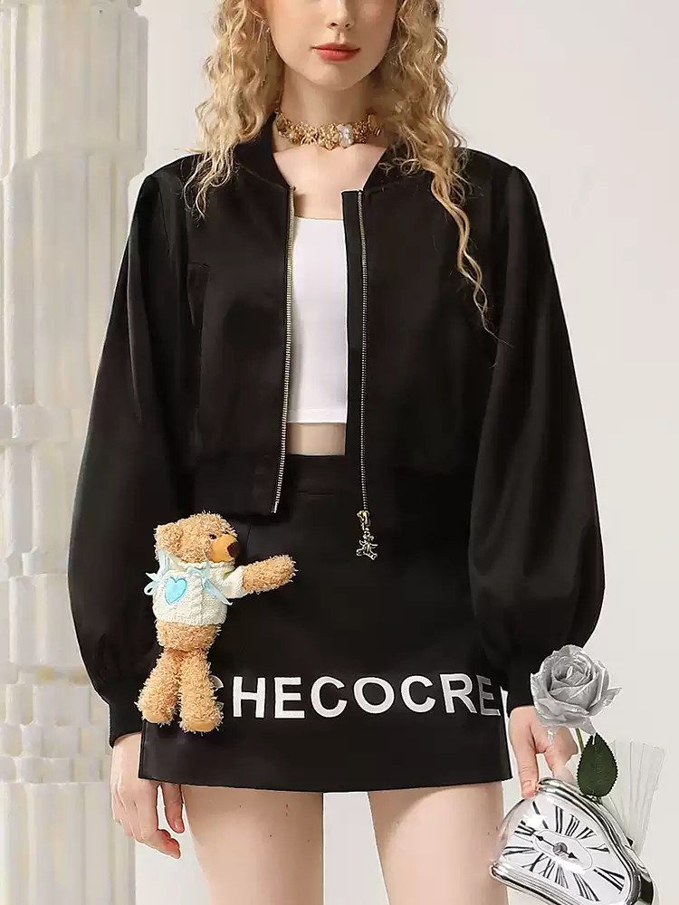 Parka&Mini-Skirt Casual Letter Balloon-Sleeve Set-Up