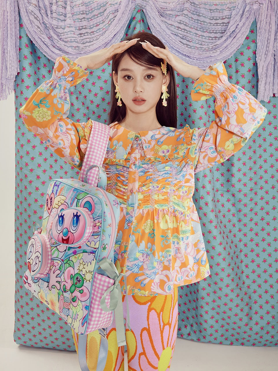 천사 귀여운 만화 주름 프린트 셔츠