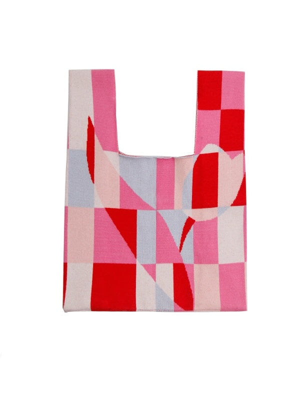 Mosaic Plaid Tulip Stole& Handbag & Knitted Sweater & Skirt