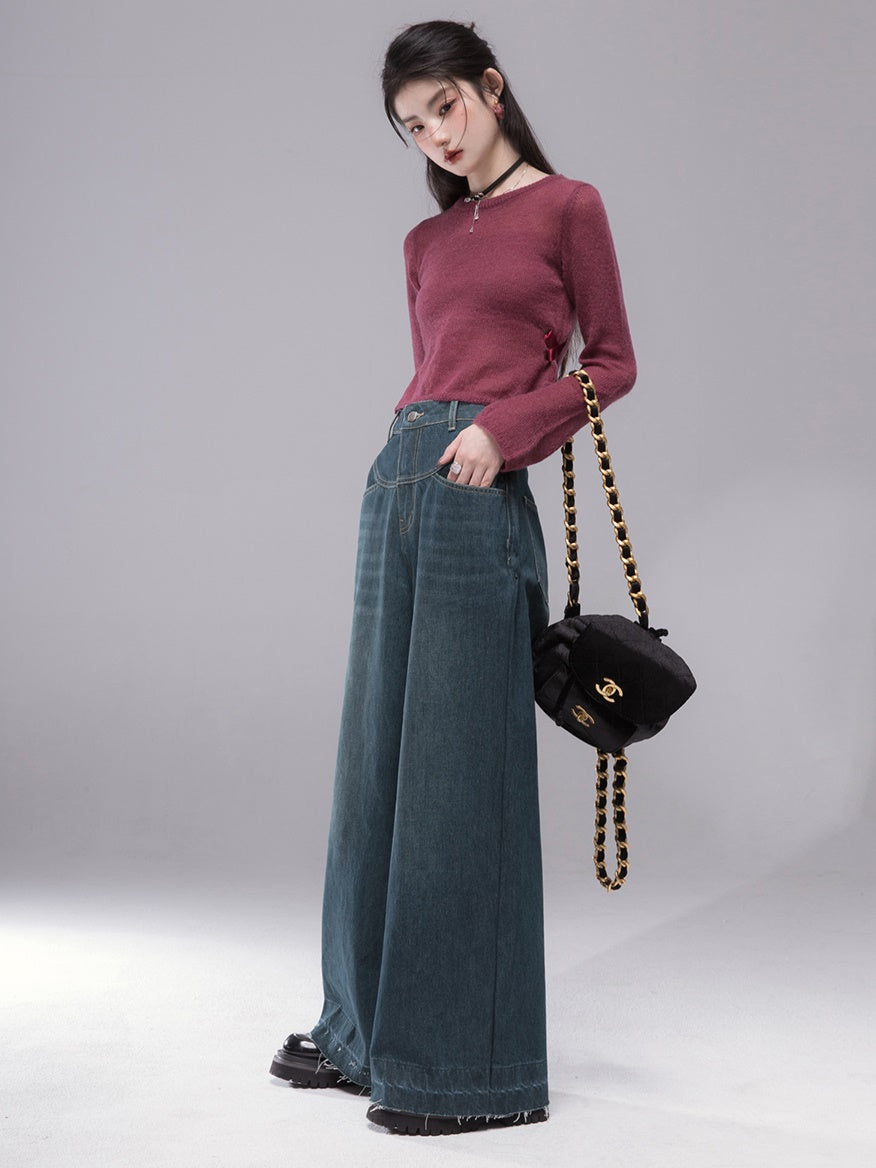 Wavy Split Line Retro Wide-leg Jeans