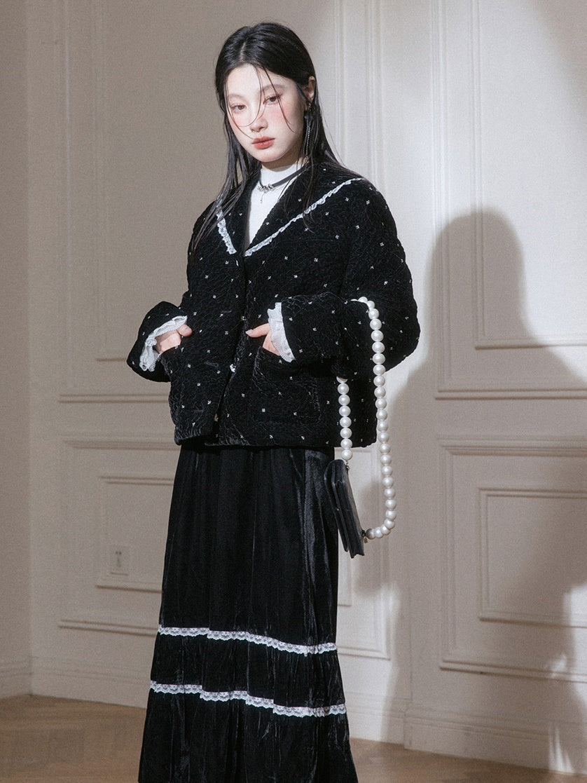 Velvet Bead-flower Short Jacket & Lace Stitch Cake Skirt