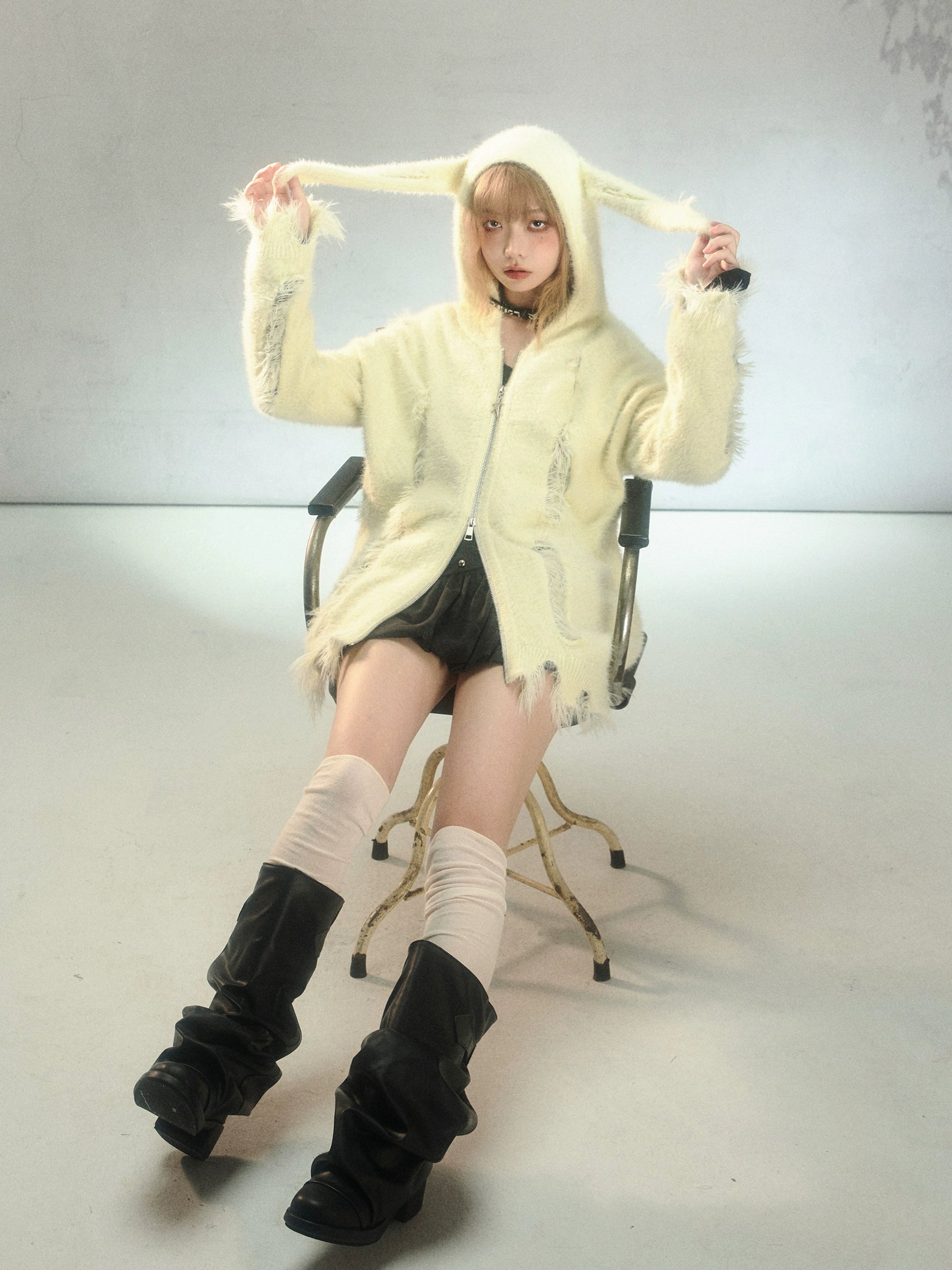 Bunny Ears Ripped Hooded Knitted Cardigan