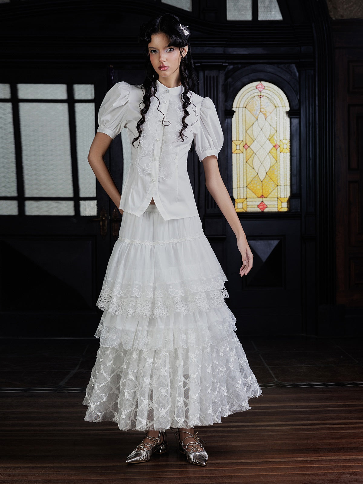 Lace Pearl Buckle Waist Shirt & Lace Cake Skirt