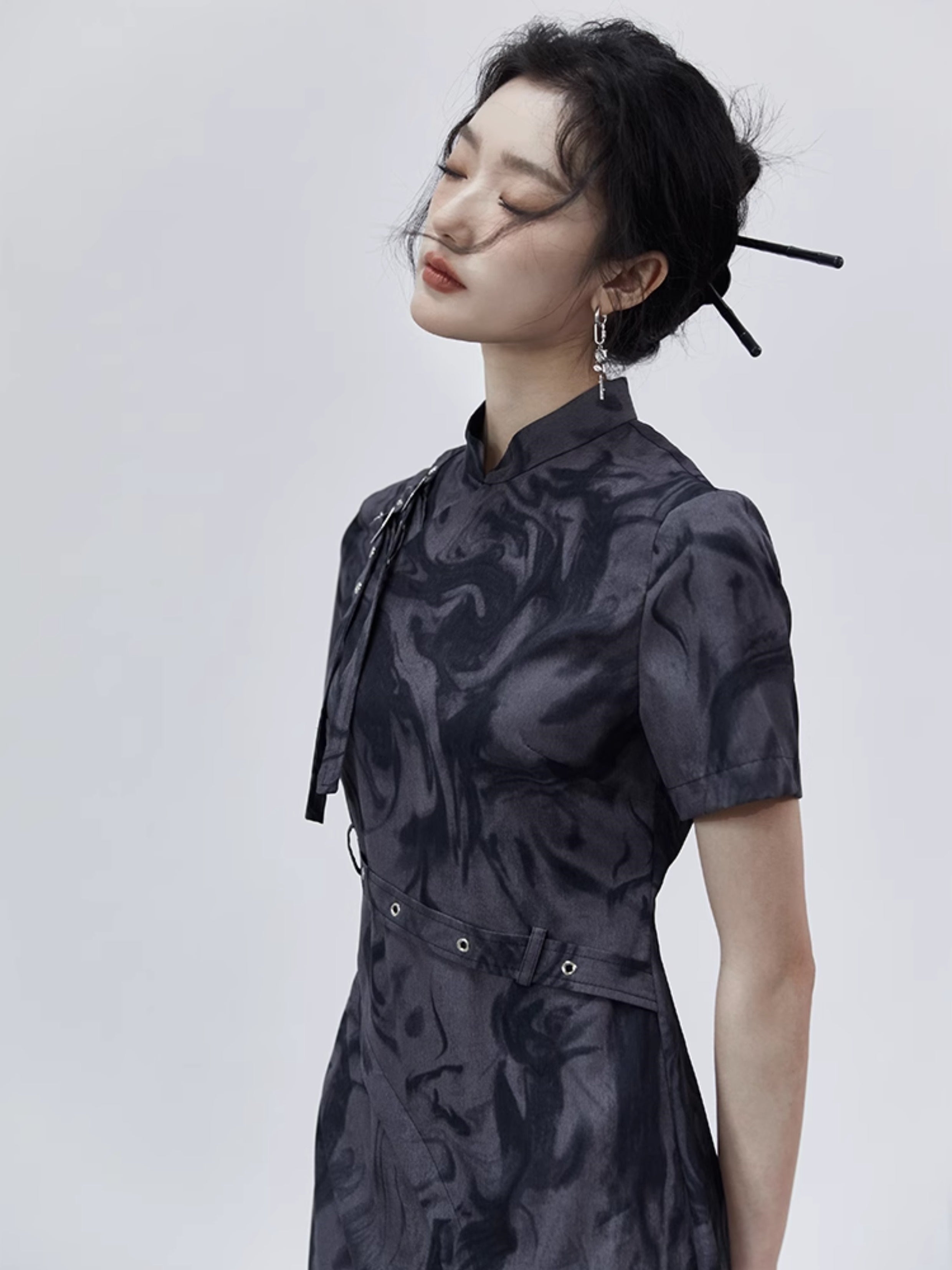 Tie-Dye Strap Design Cheongsam Short Sleeve Dress