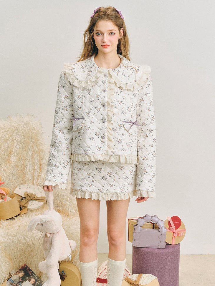 Veste matelassée en dentelle florale et jupe courte