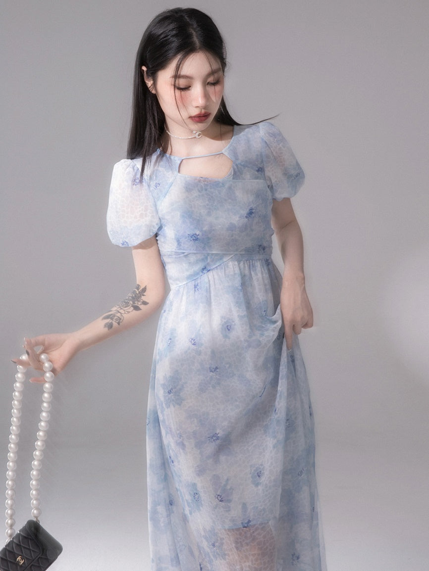Fuzzy Printed Cross Chiffon One-piece