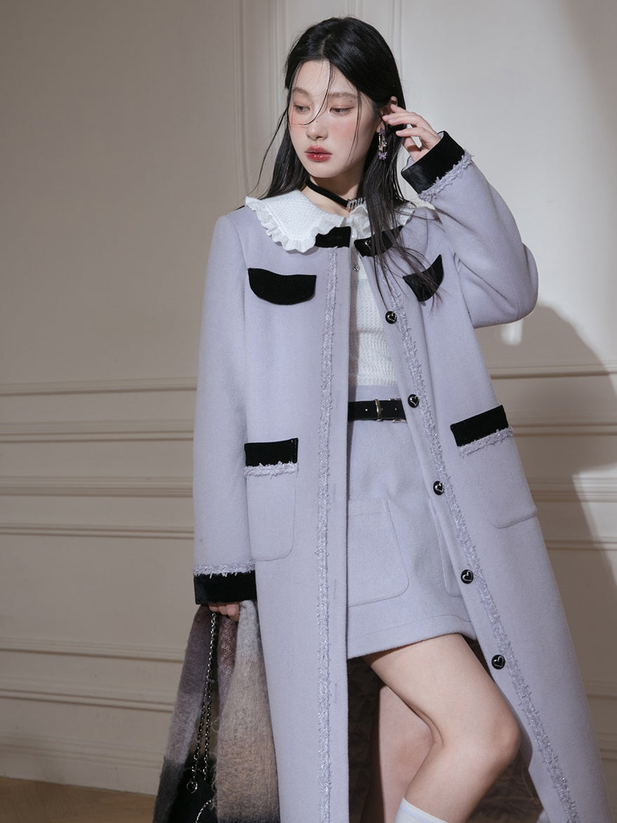 Contrast Color No-Collar Long Jacket & A-Line Skirt