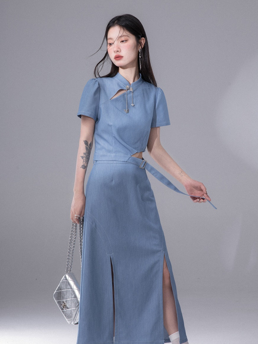 Cut-out Chinese Short Sleeve Top & Slit Skirt Set-up