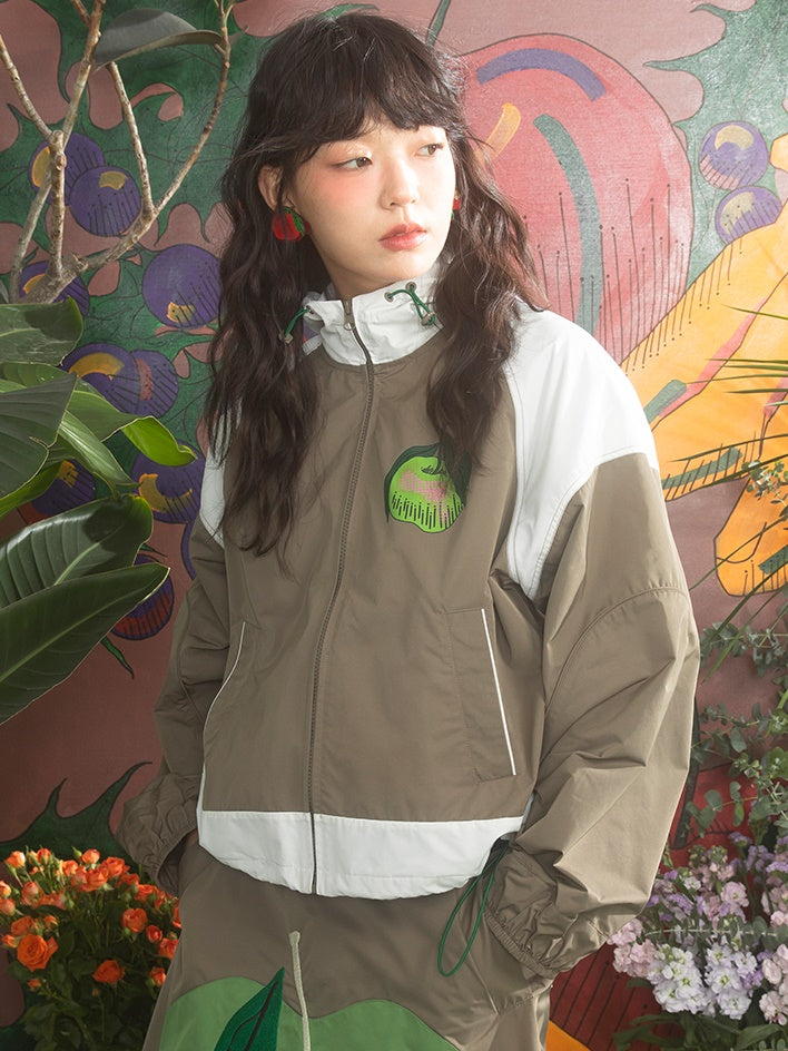 Contrast Stitching Hooded Windbreaker & Patchwork A-Line Skirt