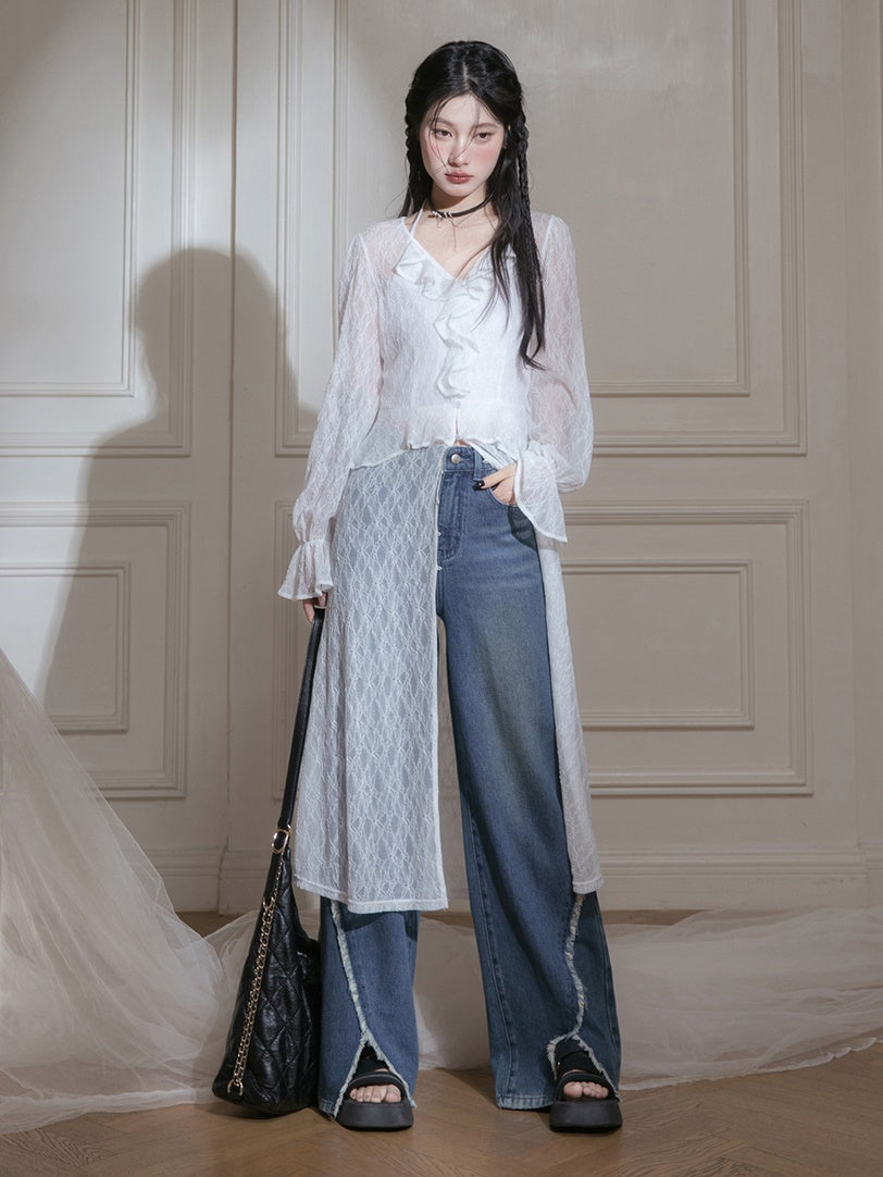 Lace V-neck Sheer Dress & Halter-neck Camisole Set-up