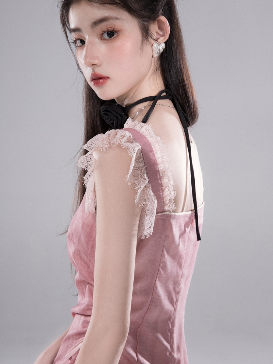 Lace Strap Side Drawstring Dress