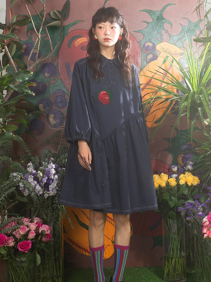 Apple Embroidery Irregular Long-sleeved Loose One-piece