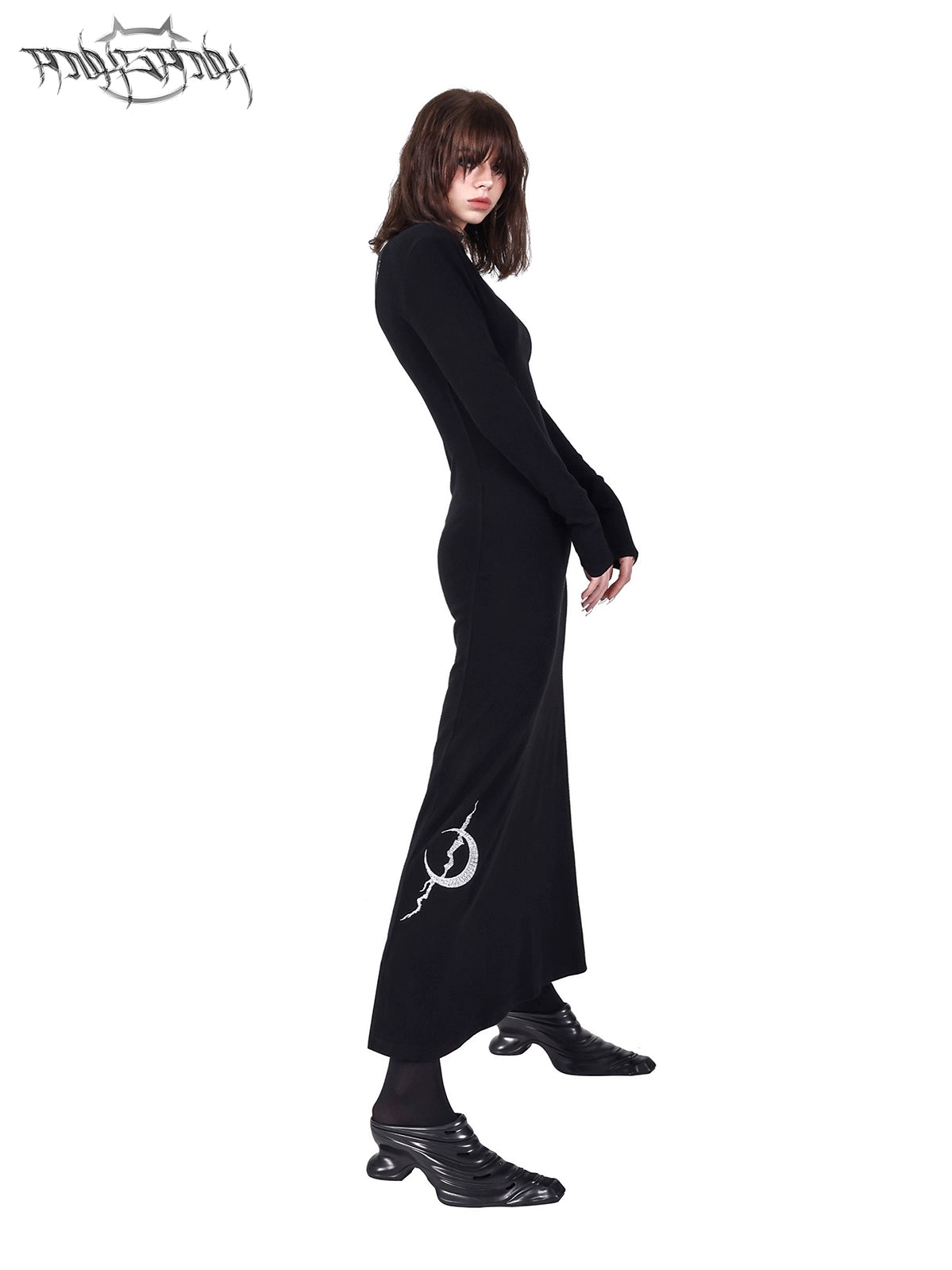 Mesh Splicing Shoulder Pad Bottle Neck Dress