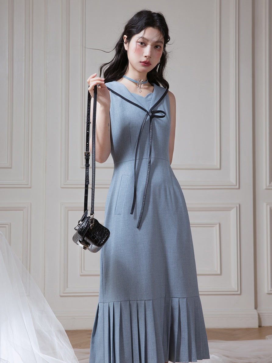 Navy Collar Sleeveless Pleated Hem Dress