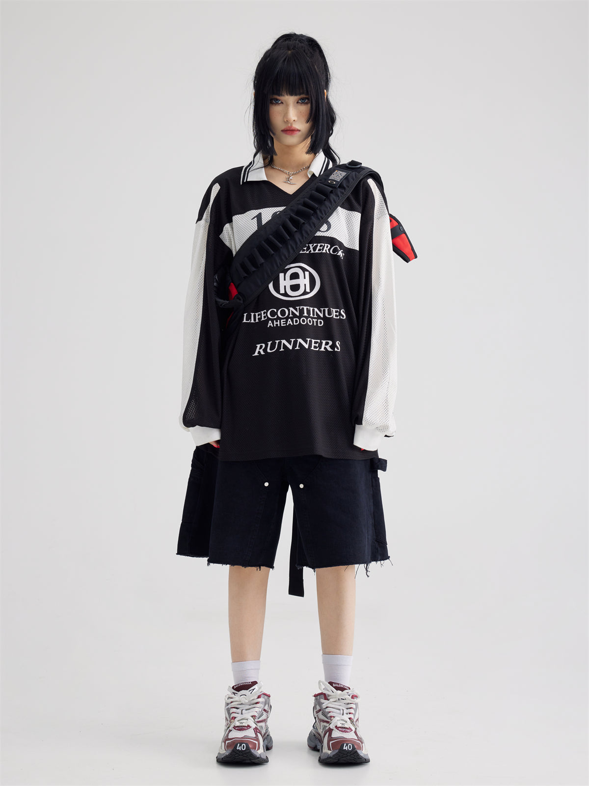 Polo Collar Mesh Print Long-sleeved T-shirt