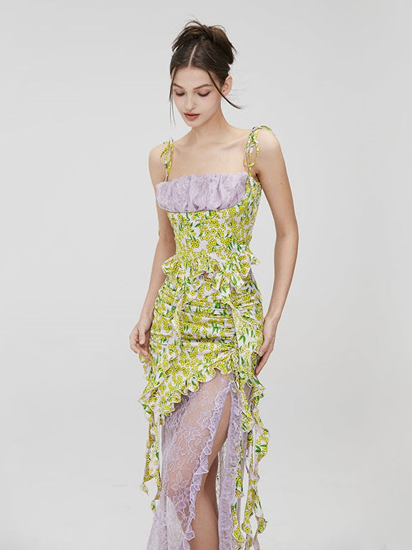Floral Lace Suspender Top & Drawstring Splicing Skirt