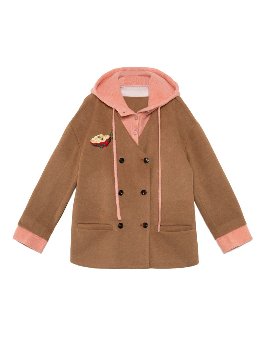 Apple Embroidered Fake Two-piece Patchwork Hooded & A-line Skirt