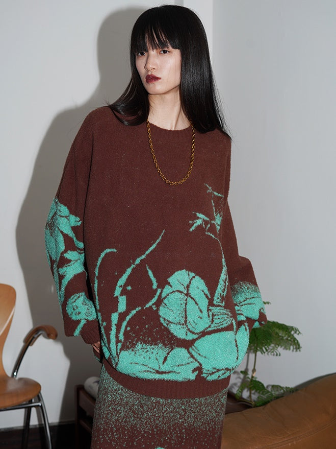Lose Blume Jacquard Strickpullover & Rock