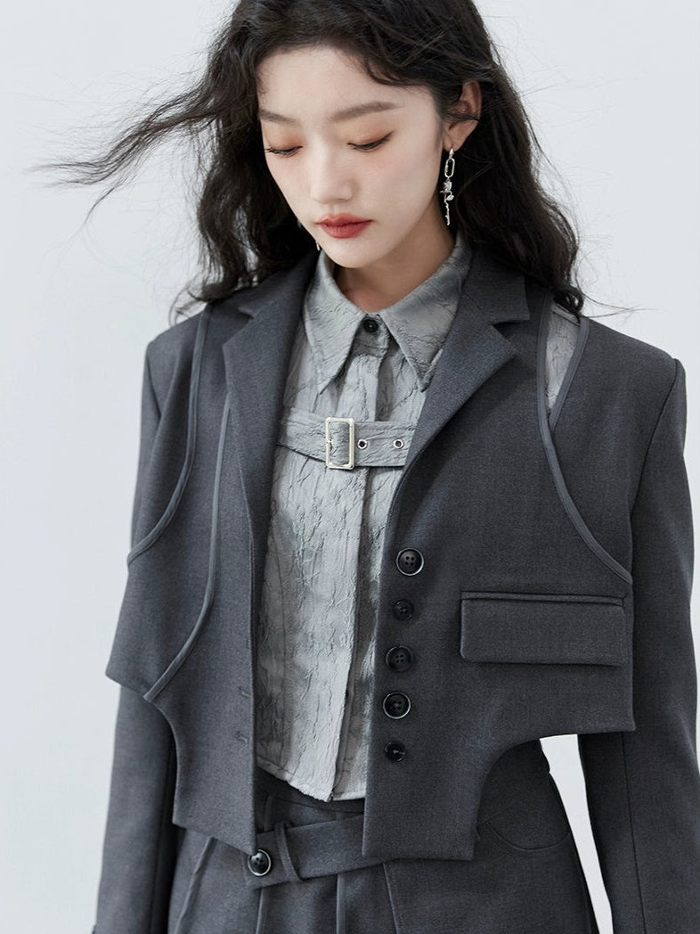 College Style Design Jacket & Pleated Skirt & Jacquard Shirt