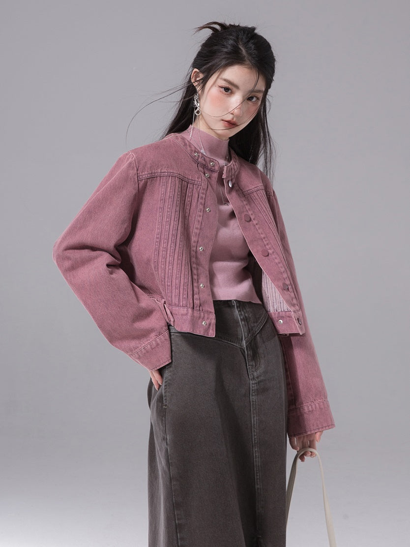 No-Collar Colored Denim Short Jacket