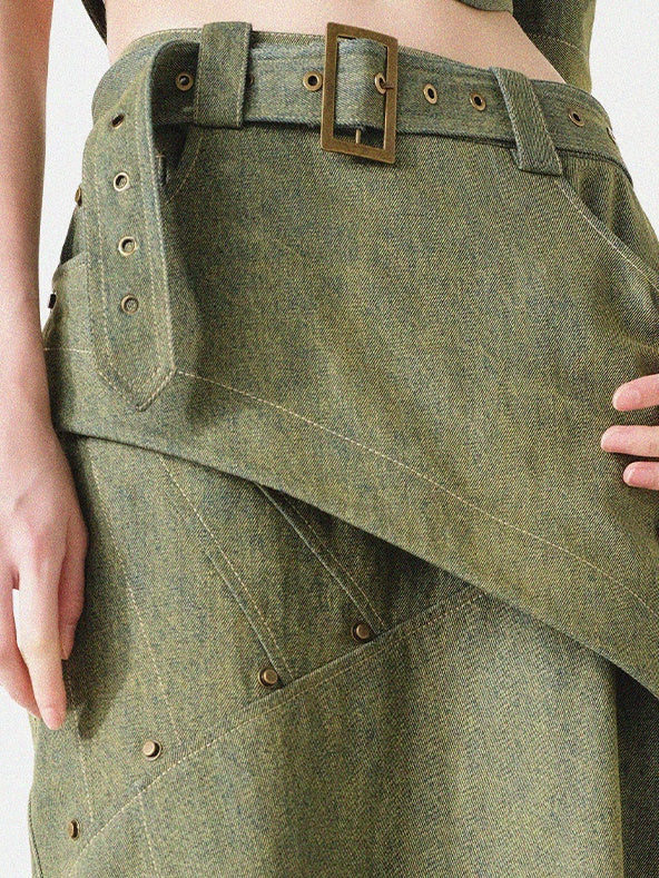 Denim-Off-Shoulder-Top & Long-Rock mit Gürtel