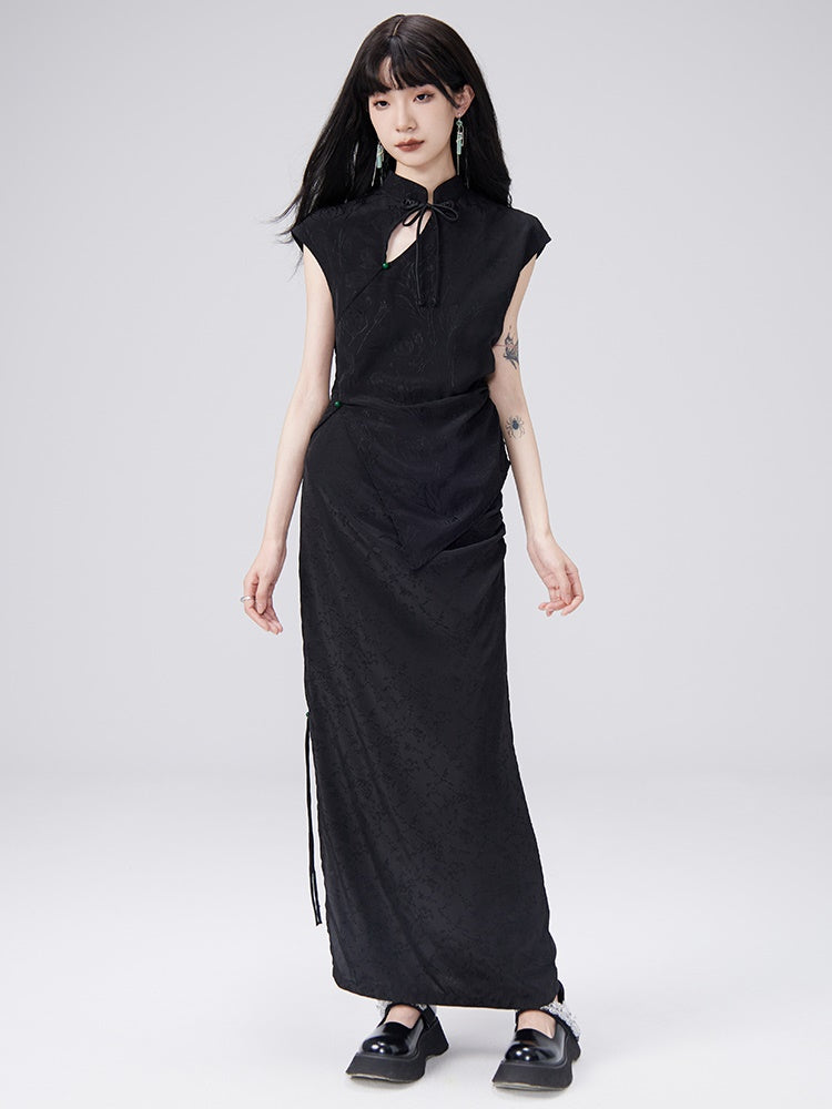 CHINESE DESIGN SLEEVELESS TOP & SLIT LONG SKIRT