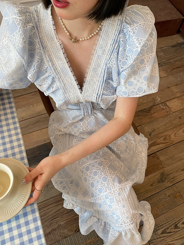 Hollow Lace Puff Sleeves Waistless Dress