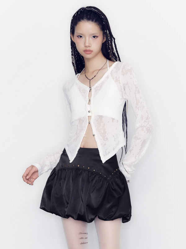 중공 루즈 레이스 니트 가디건 & 브라탑