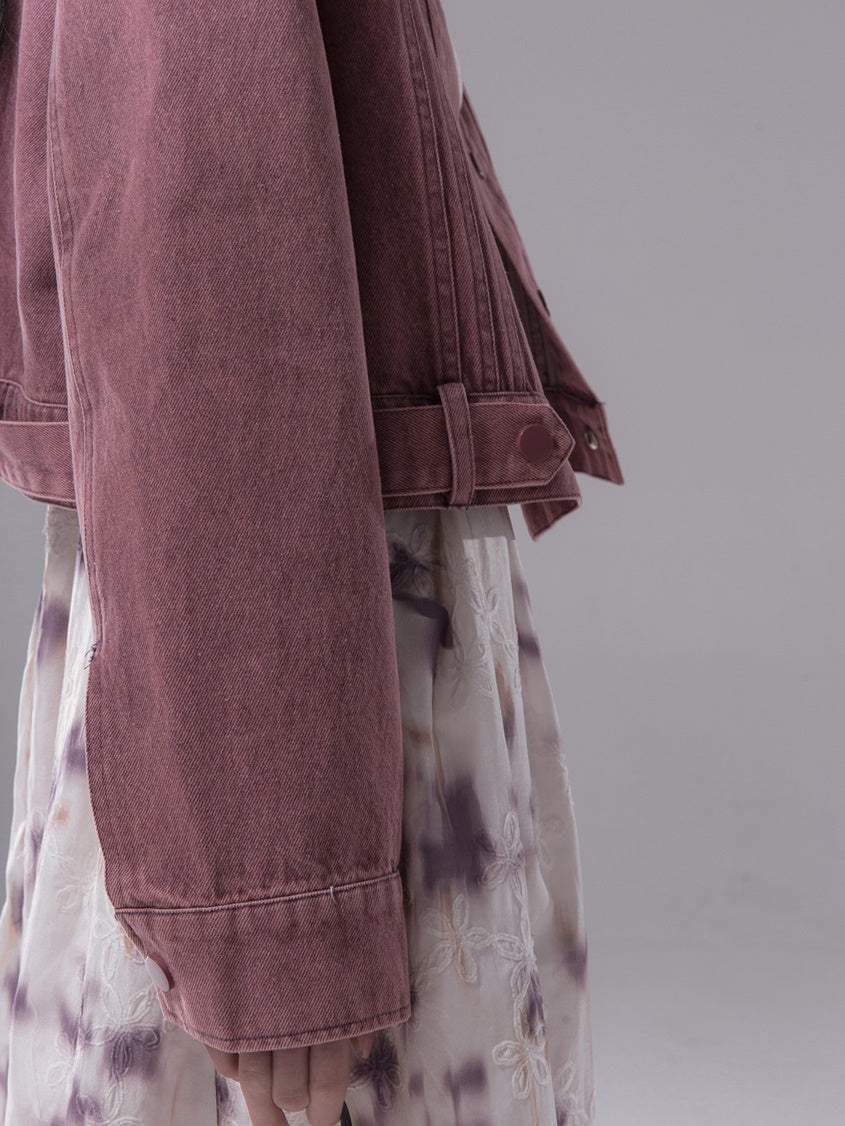 No-Collar Colored Denim Short Jacket