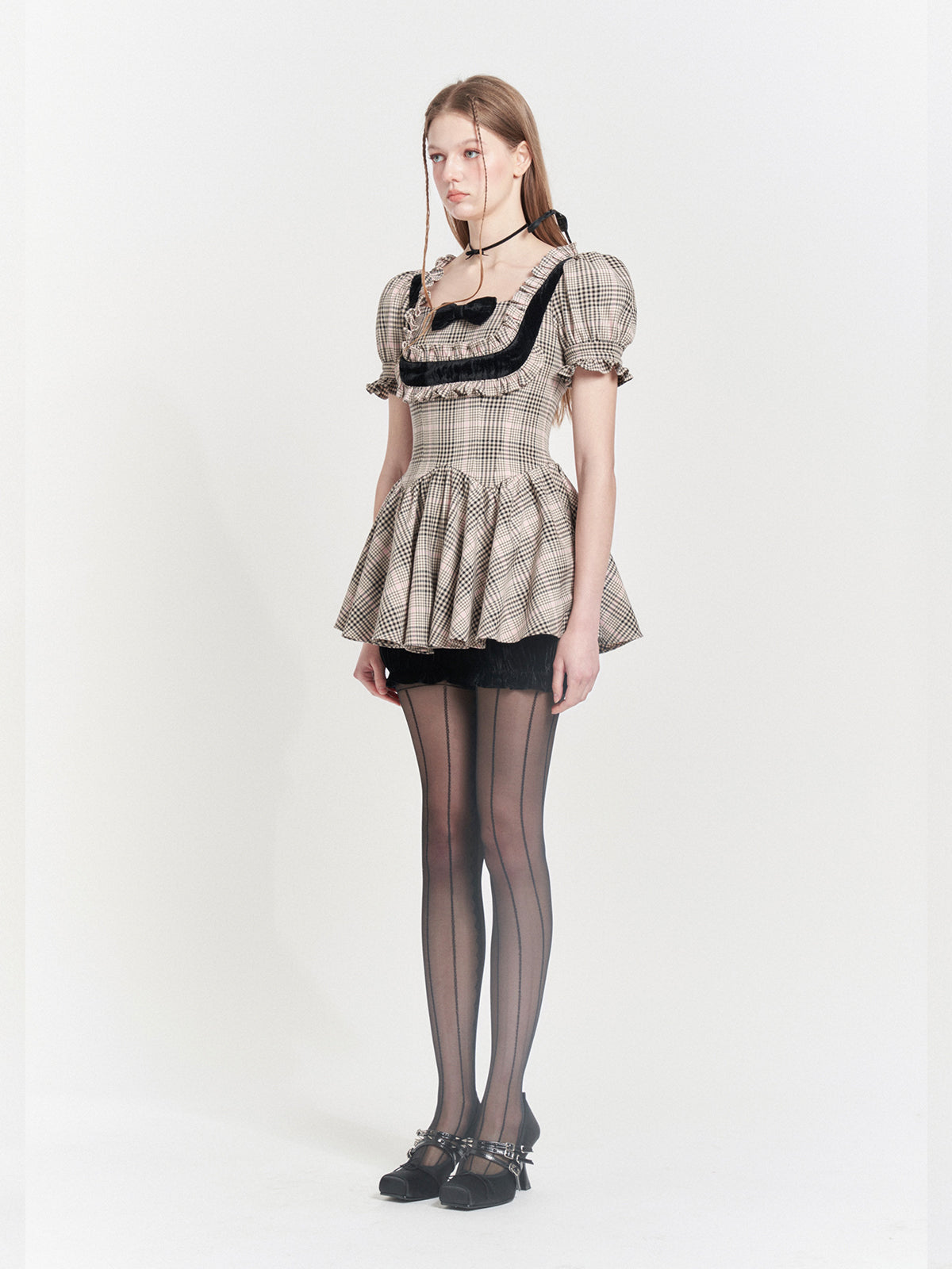 PLAID COLLEGE STYLE LACE SQUARE COLLAR FAKE TWO-PIECE Dress