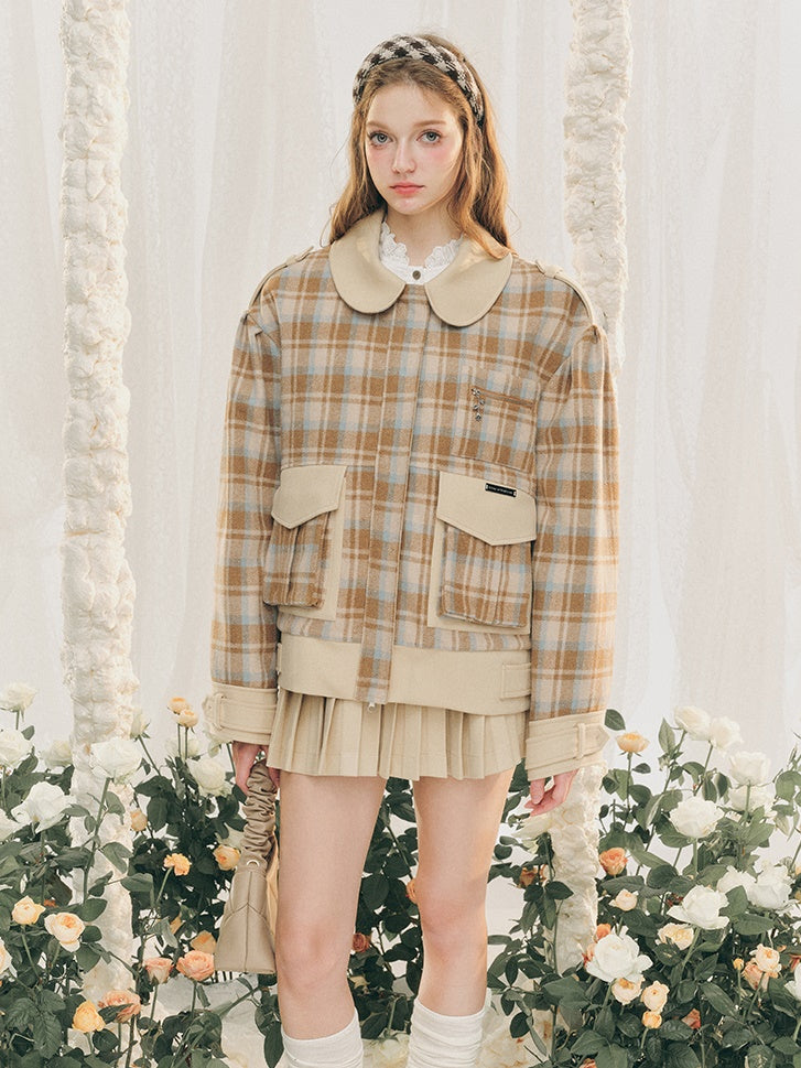 Plaid Round Collar Short Jacket & Mini Pleated Skirt