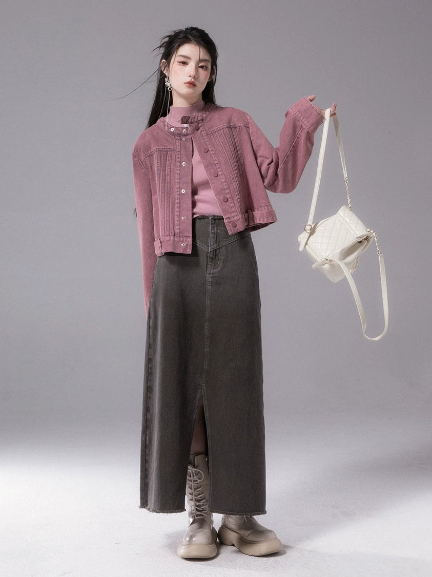 No-Collar Colored Denim Short Jacket