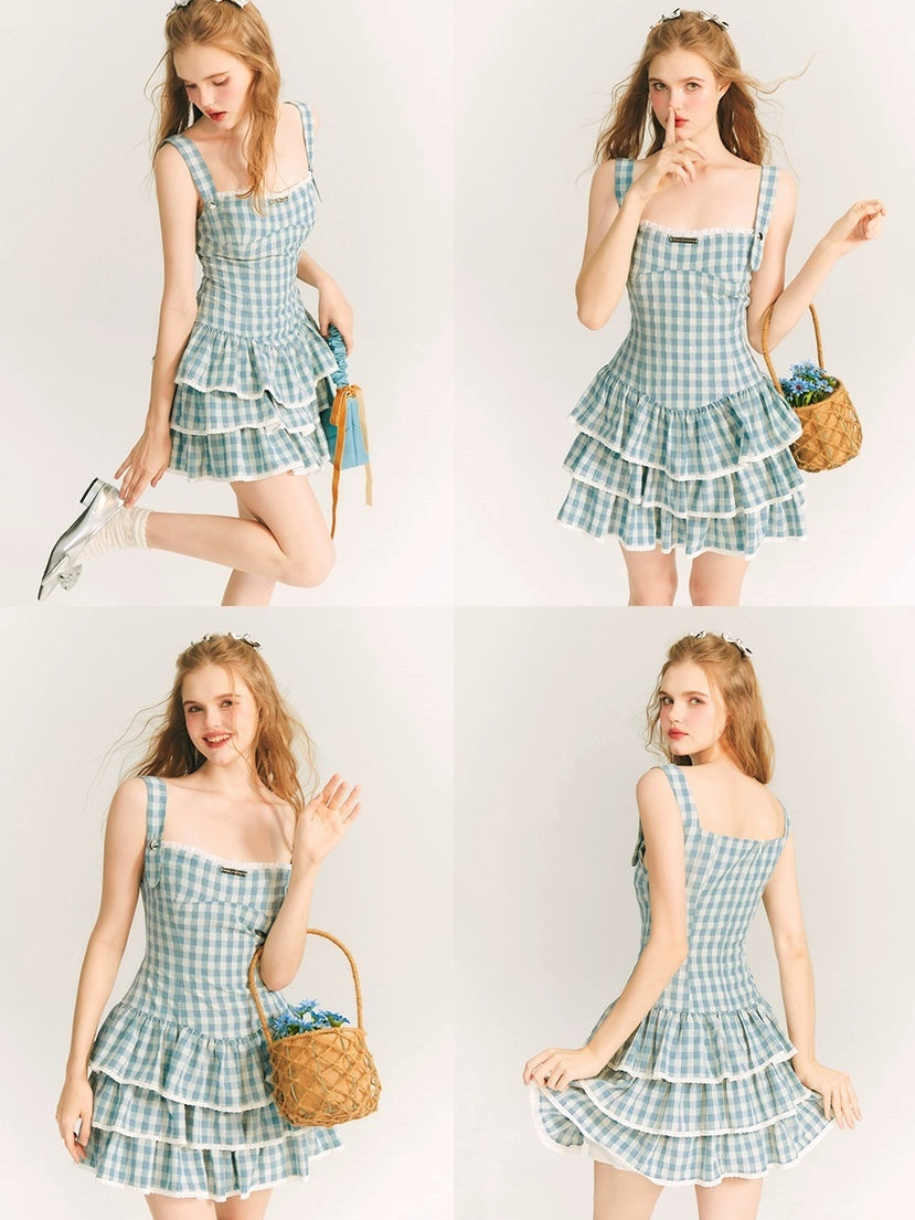 Plaid Strap Puff Skirt Dress