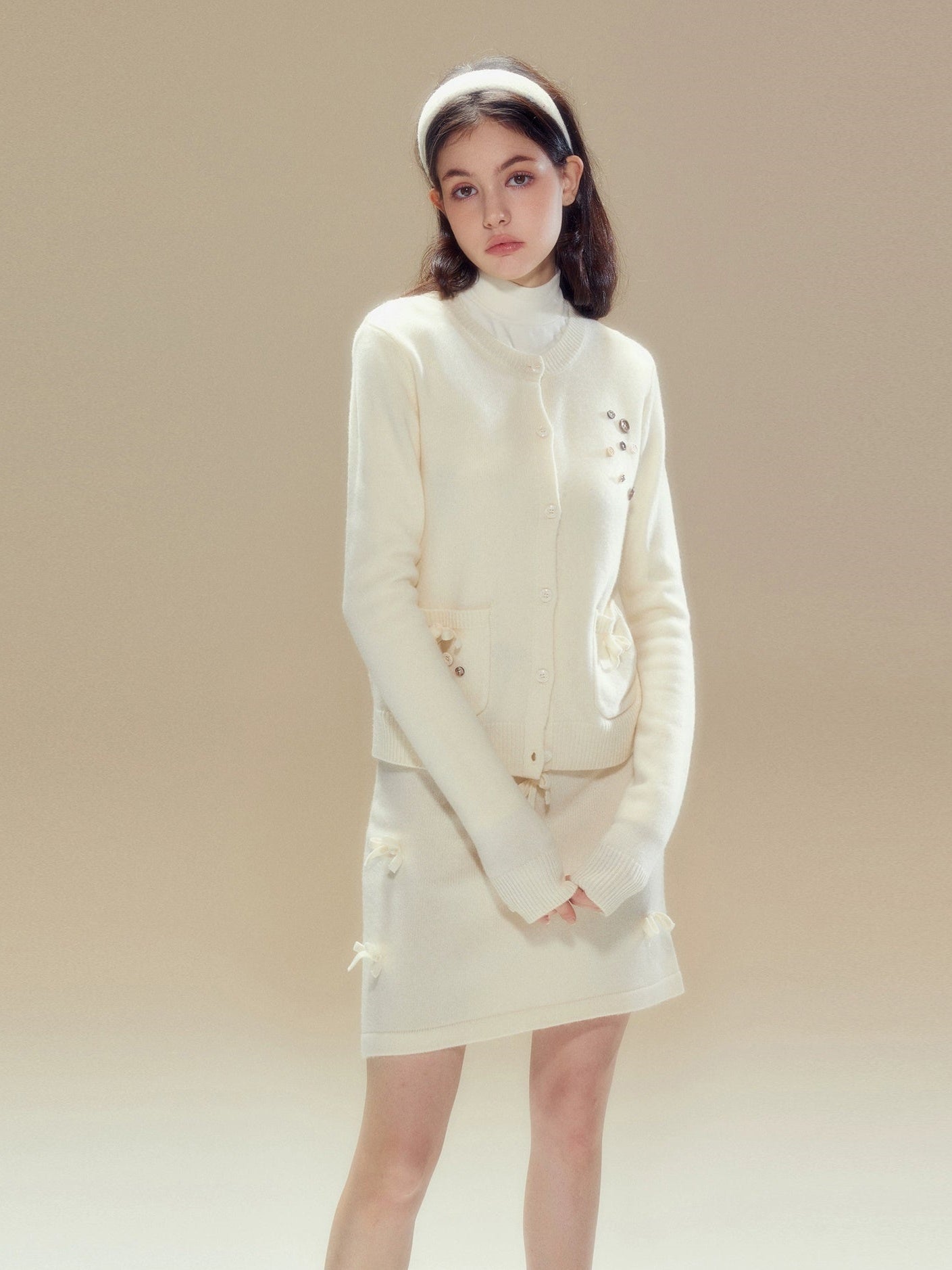 Button Accent Knitted Cardigan & Ribbon Skirt